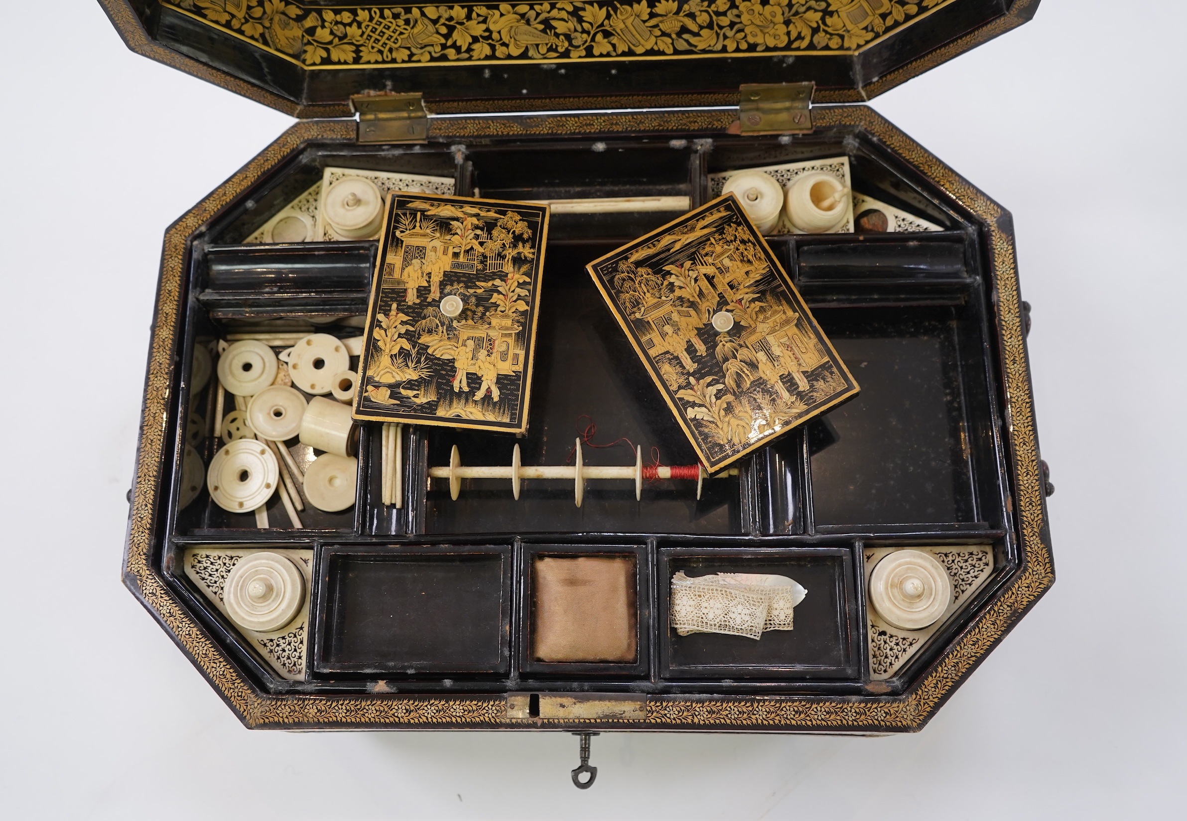 A Chinese export gilt decorated black lacquer sewing box, 19th century